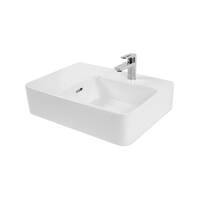 Seima Above Counter Ceramic Basin 600mm x 425mm Rectangular Fine Rim 0TH Right Hand Bowl Shelf on Left with Overflow Gloss White LIMNI 601 192021