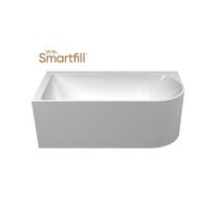 Seima Left Corner 1500 Bath with Smartfill Bath Filler Bezel and Waste in Brushed Nickel Sanitary Grade Acrylic Gloss White  PLATI 110 192570