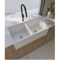 Seima Duo Fluted or Flat Apron Front Sink 835mm Fireclay Ceramic Double Bowl Butler White Sinks Cleo 835